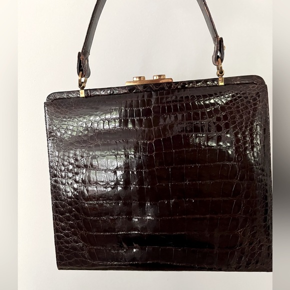 VINTAGE MANON HANDBAG GENUINE ALLIGATOR FRAME BAG DARK BROWN PURSE VTG - Picture 2 of 13